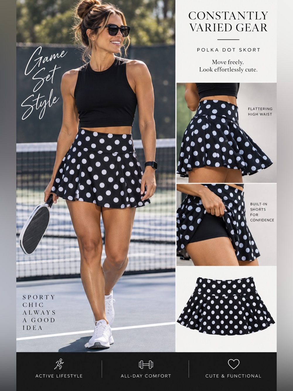 2113 Constantly Varied Gear Black Skort with White Polka Dots
